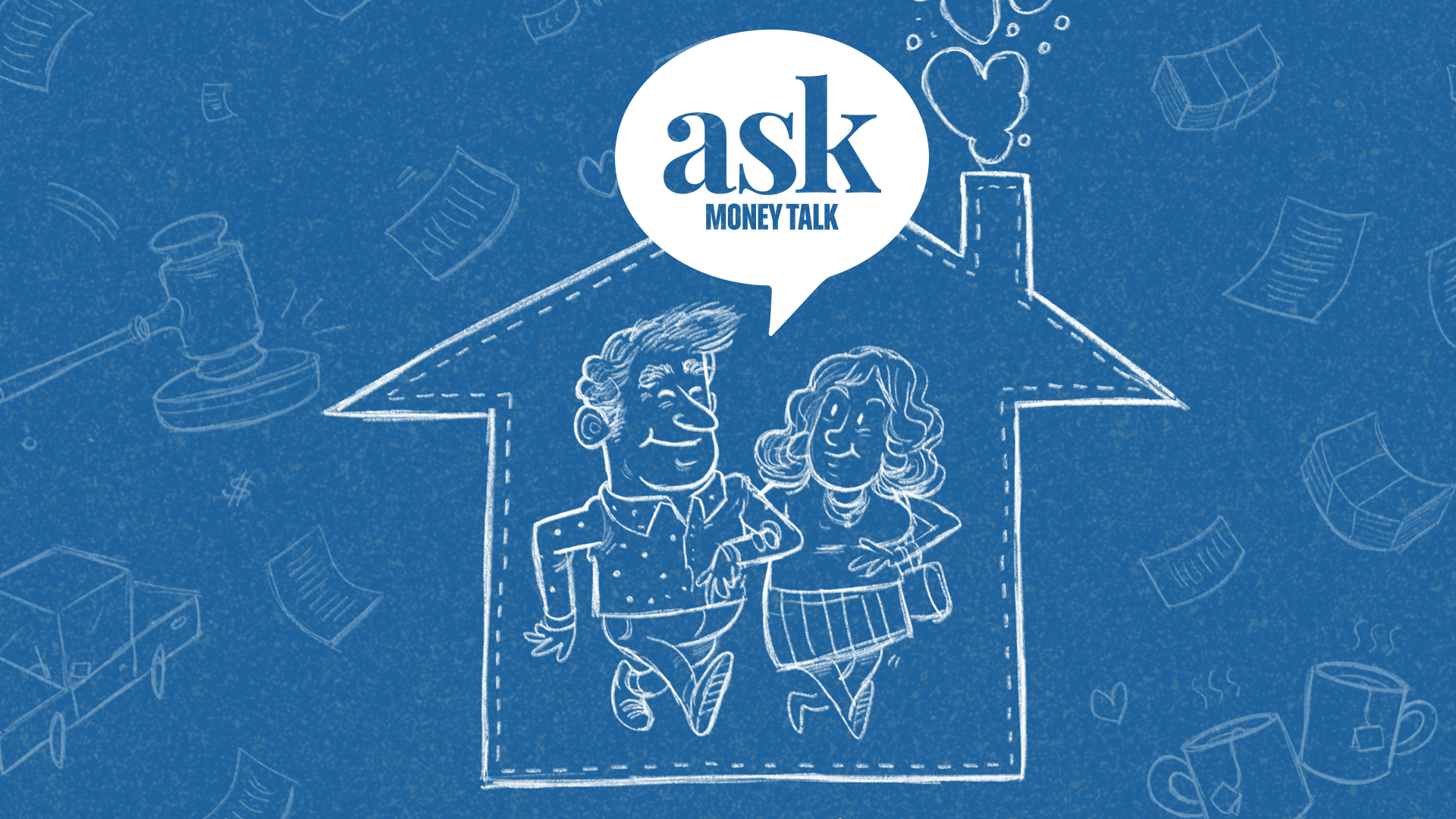 Happy couple in a house surrounded by money, with askmoneytalk logo