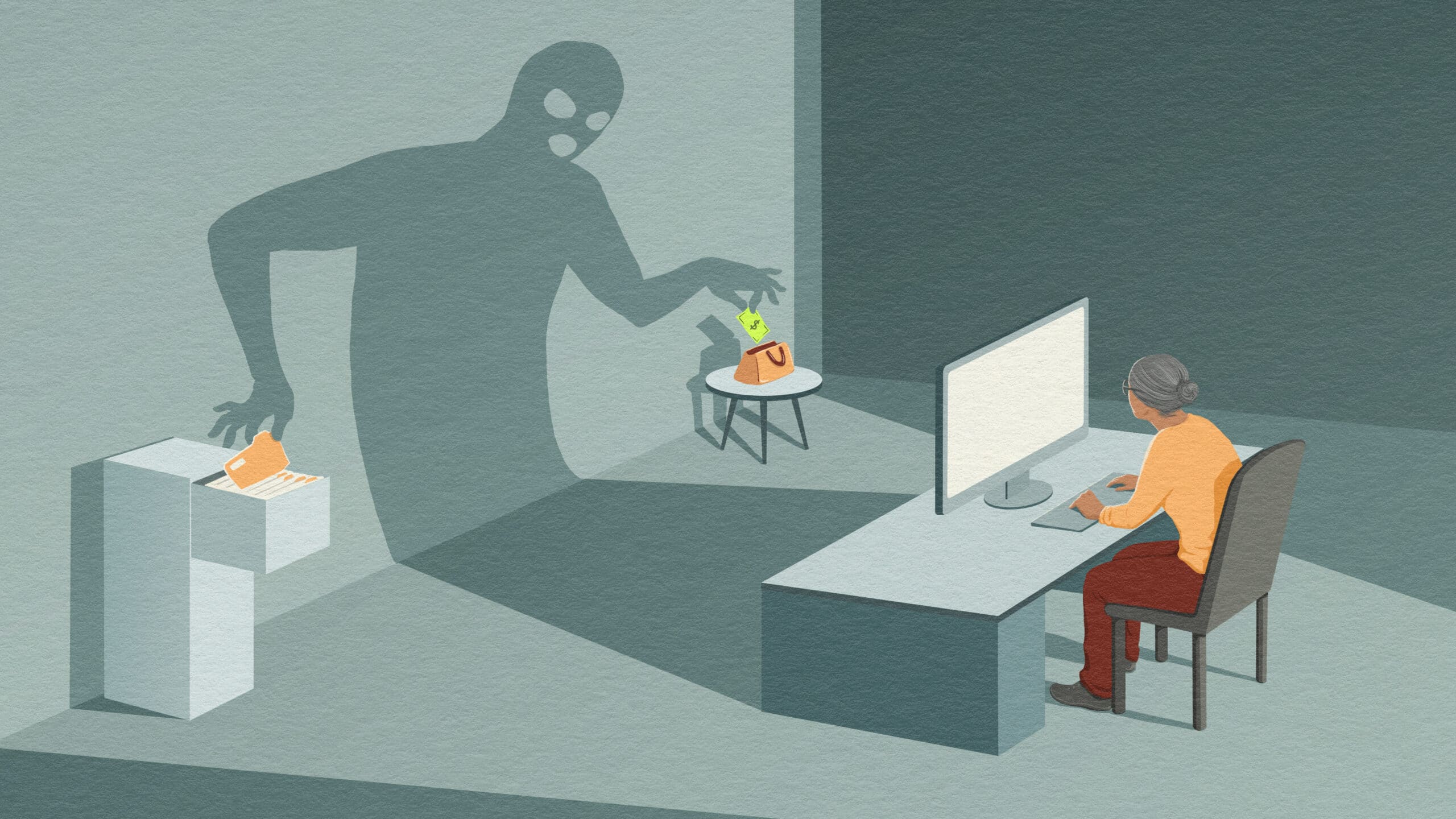 Illustration of senior woman working at her computer. The shadow cast from the computer is in the shape of a masked person, stealing money from her purse and information from her file cabinet.