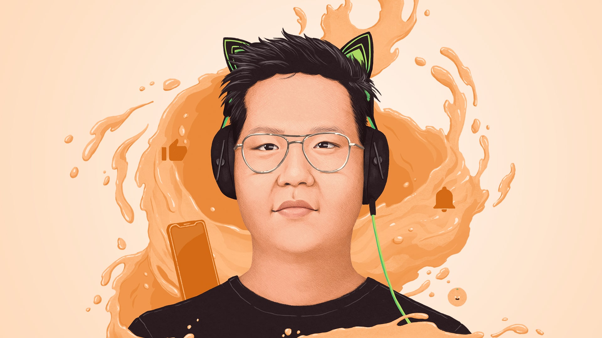 Illustration of YouTuber Jimmy Chau wearing his iconic cat-ear headset and surrounded by a swirl of orange juice.