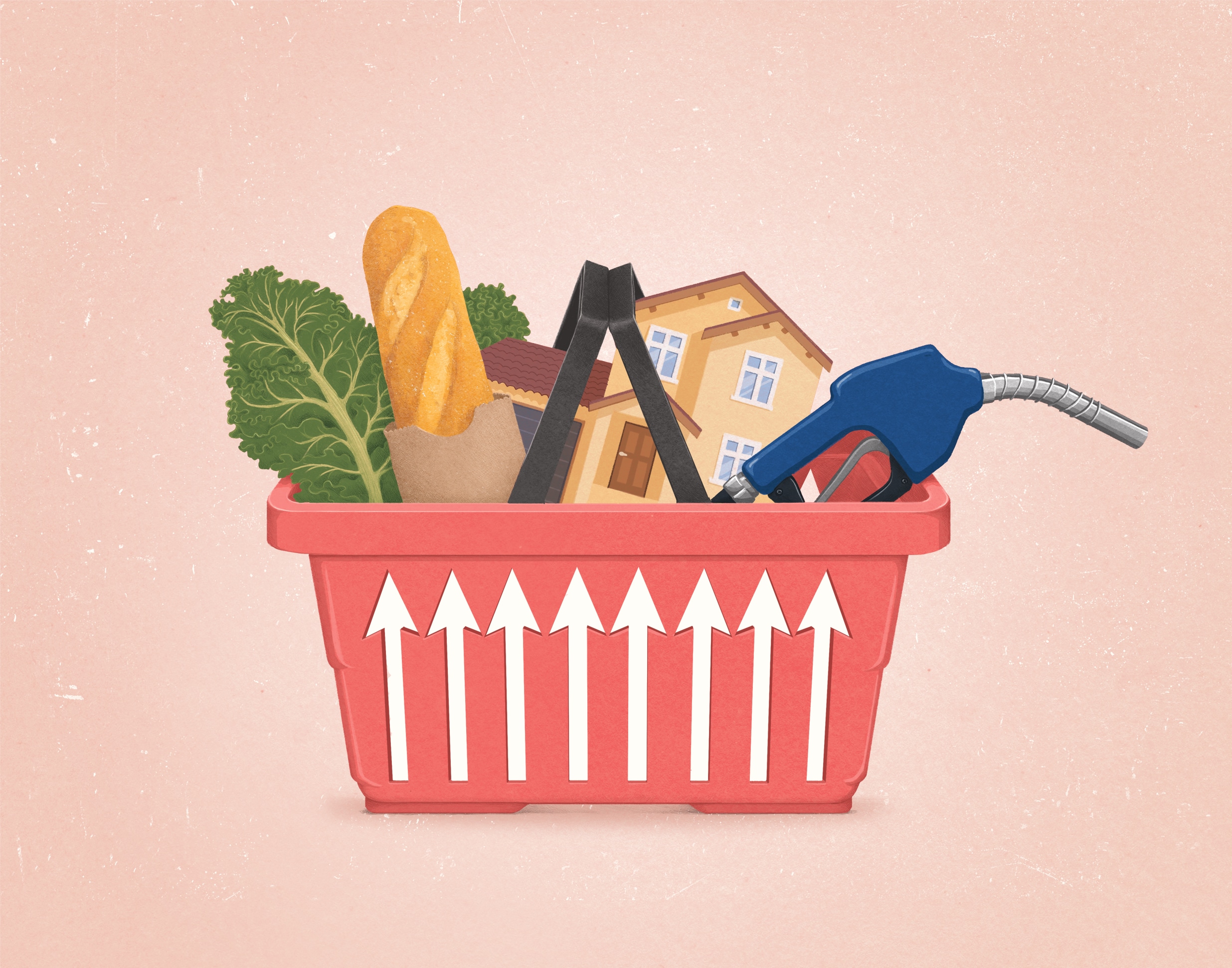 Illustration of a shopping basket filled with bread, kale, a gas pump nozzle, and a house. The grating on the sides of the basket are shaped like up arrows.