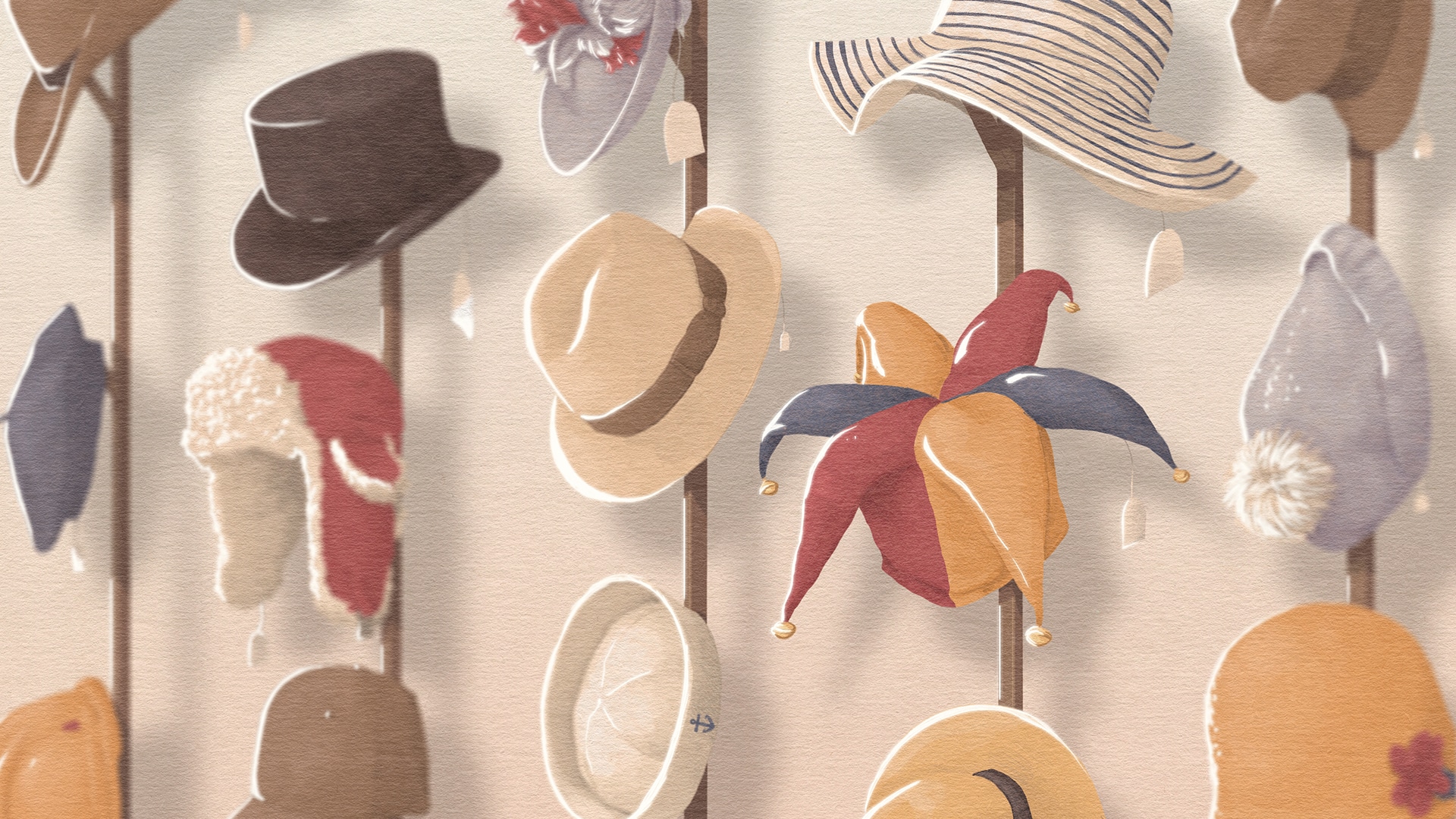 Illustration of various styles of hats, with different sizes of prices tags hanging from them.