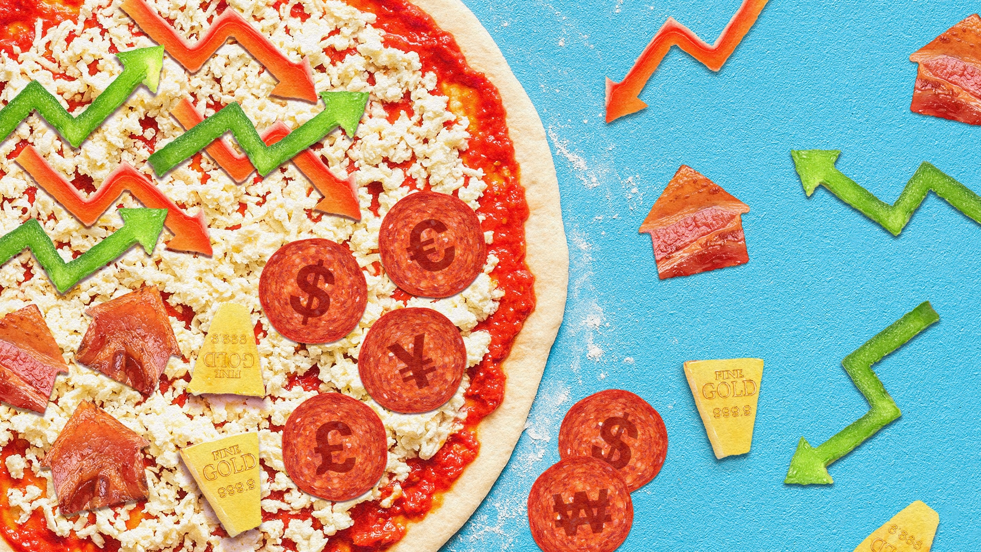 Illustration of a pizza being prepared. The toppings resemble stock market charts, gold bars, houses and coins.