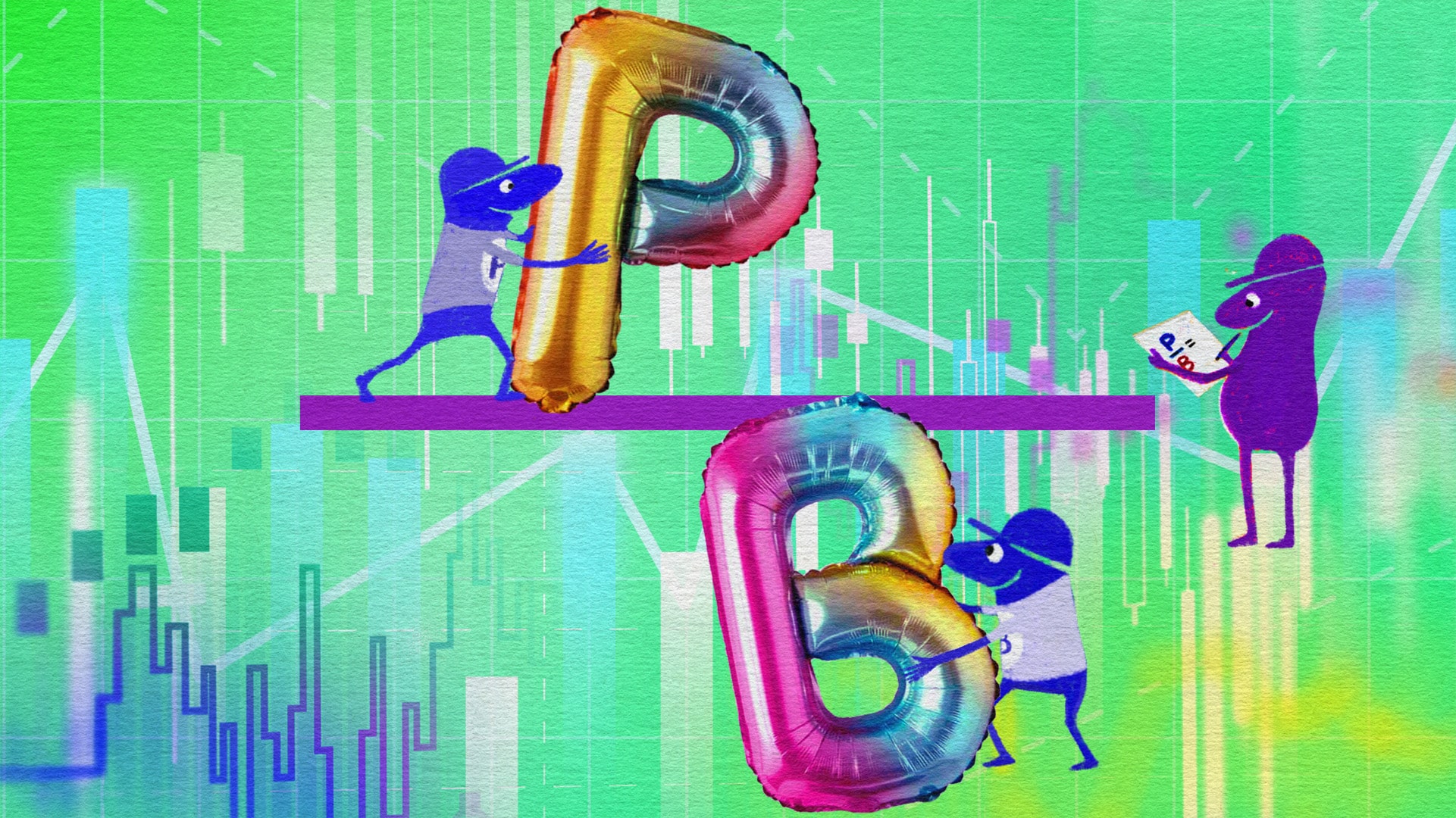Illustration of little characters holding balloons in the shape of P & B